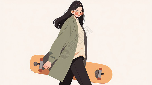 穿墨绿色外套手拿滑板的时尚长发卡通女孩插画