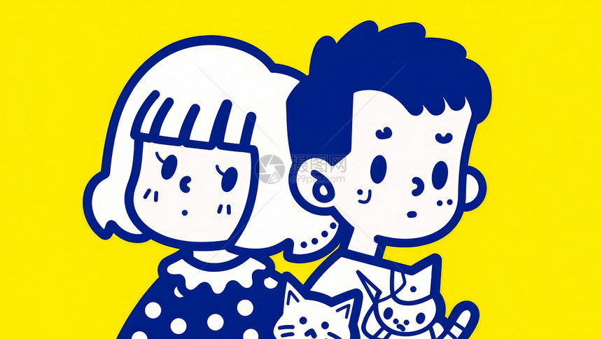 黄色背景前可爱的卡通男孩女孩与宠物猫图片