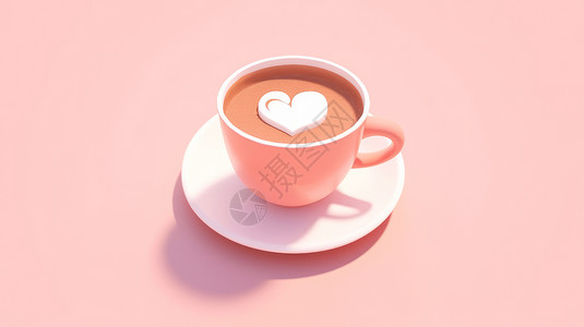咖啡味果仁糖淡粉色咖啡杯中放着一个白色爱心糖插画