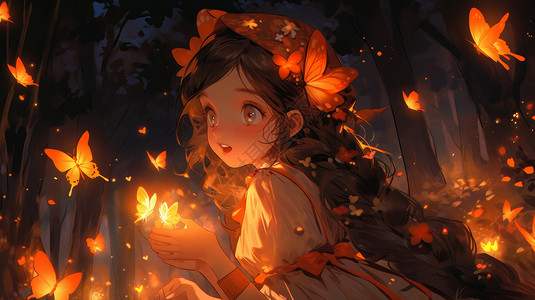 夜晚在森林中看着飞舞的发光蝴蝶的长发卡通小公主背景图片