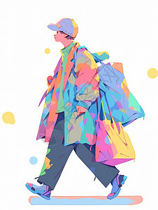 炫彩618穿粉色外套戴着口罩大步走路背着很多购物袋的卡通男人插画