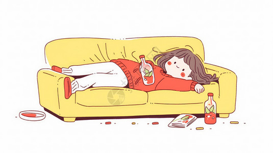乱摆穿着红色毛衣躺在沙发上喝饮料摆烂的可爱卡通女孩插画