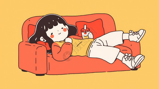 躺在沙发上看书的女孩躺在沙发上喝饮料的可爱卡通小女孩插画