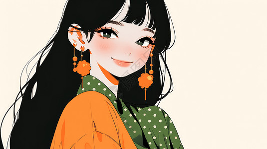 黑色长发戴着橙色小花耳饰的卡通女孩图片