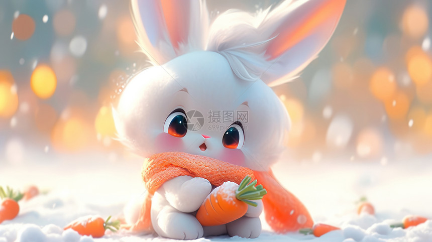 抱着在大雪中可爱的卡通小白兔图片