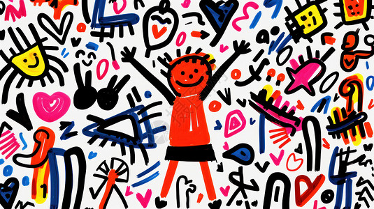 双手举起儿童涂鸦风插画举起双手的卡通小男孩插画