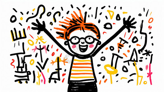 手画的涂鸦戴眼镜的卡通小男孩举起双手儿童涂鸦风插画