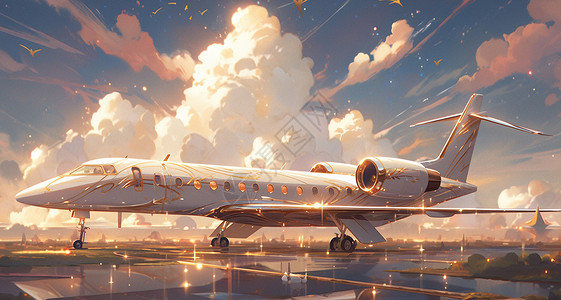 客机卡通傍晚停在飞机场的一架镶嵌金边的卡通飞机插画