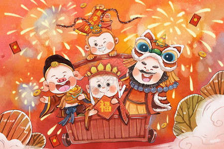 新春版西游记合照祝福新年快乐可爱插画高清图片