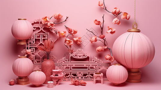 樱花主题粉色主题喜庆的卡通与中国风古建筑元素插画