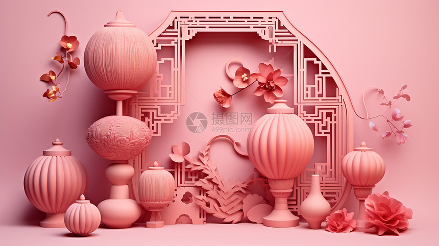 喜庆的中国风粉色元素图片
