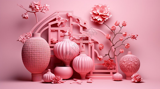 粉色喜庆的主题与卡通花朵背景图片
