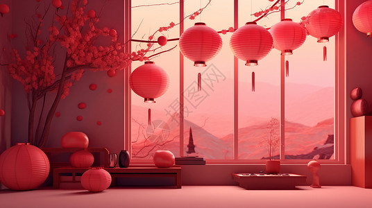 粉红色挂式灯客厅超大的窗上挂着一串喜庆的卡通插画