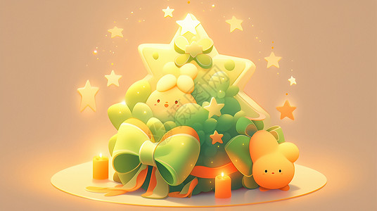 蜡烛圣诞树装饰有绿色蝴蝶结喜庆的卡通圣诞树插画