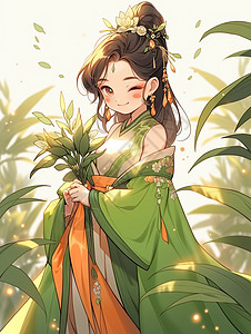 抱着绿色植物俏皮表情的卡通小公主背景图片