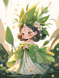 头戴花朵与绿色植物的古风装扮卡通小公主图片