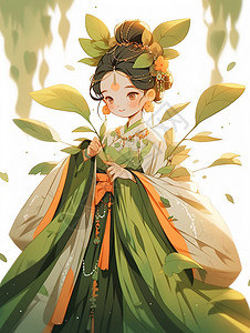 手拿植物叶子穿着汉服的卡通小公主背景图片