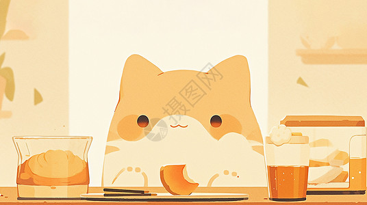 橙色盘子面带微笑吃早餐的卡通小猫插画