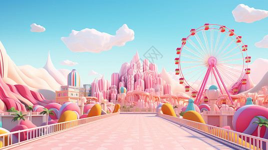 粉色木板蓝天白云下云粉色调可爱的卡通游乐场插画