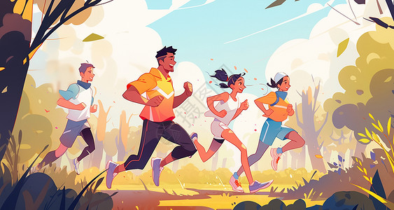 迷你马拉松在森林中跑步的卡通男人女人插画