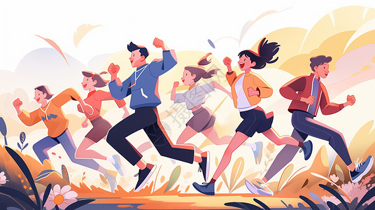马拉松补给站扁平风卡通男女青年一起在户外跑步插画