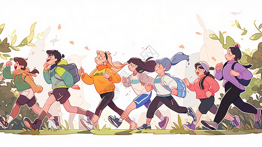 森林运动一起开心奔跑的卡通青年人们插画