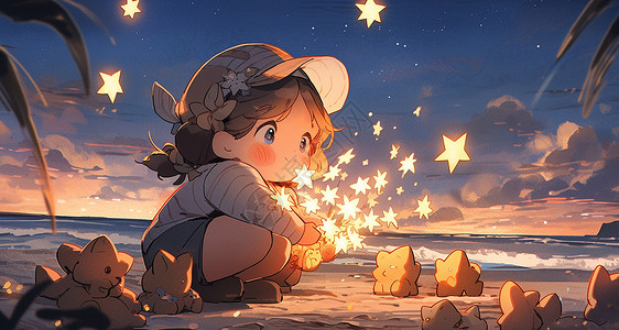 在海边沙滩上捧着发光星星的卡通小女孩高清图片