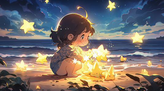 傍晚在海边沙滩上一个卡通小女孩抱着超大的发光星星高清图片