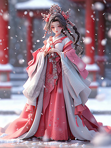 冬天大雪中穿着喜庆的古风装扮卡通女孩图片