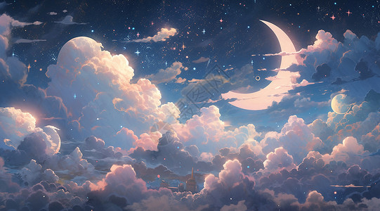 天空上云彩夜晚天空上一个大大的卡通月牙插画