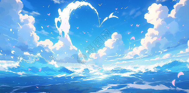 大海上空美丽的爱心形状卡通云朵图片