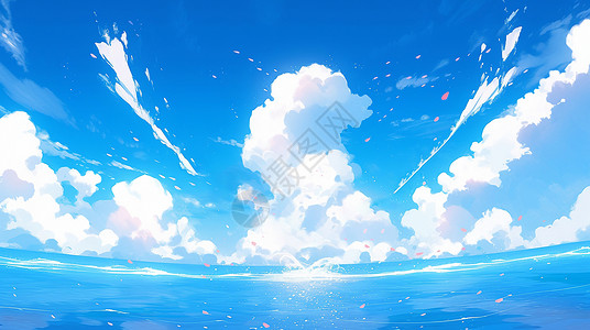 蓝天白云美丽的大海卡通风景图片