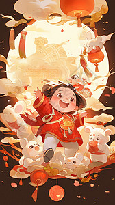 小女孩迎春天海报在云朵上开心奔跑穿着喜庆的可爱卡通小女孩插画