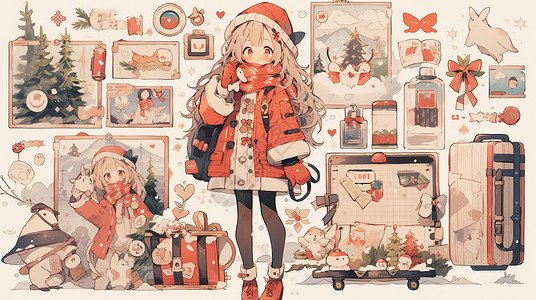 围着红色围巾可爱的卡通女孩圣诞主题手账插画图片