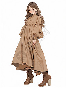 秋装女穿着棕色长裙的时尚长发卡通女孩插画
