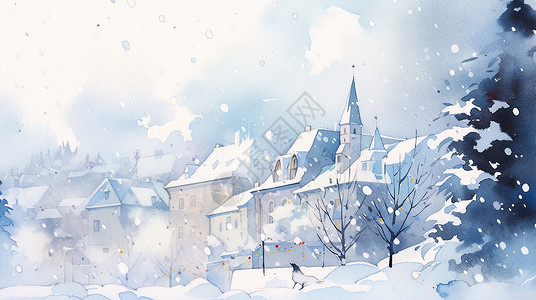 雪天房子大雪中安静的卡通城市插画