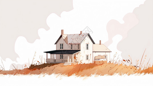 秋天金黄色的山坡上一座白色卡通小房子背景图片