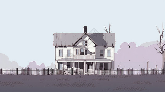 夜晚篱笆中间一座卡通白房子背景图片