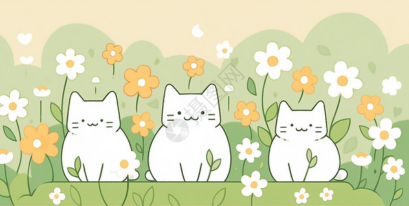 在开满鲜花的草地上三只可爱的卡通小猫背景图片