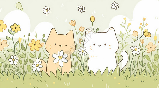 在草地上两只可爱的卡通小猫图片