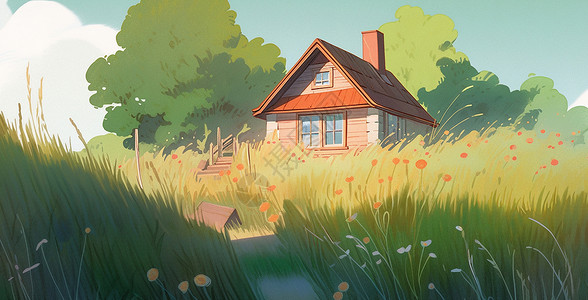 在草地中一个可爱的卡通小木屋图片