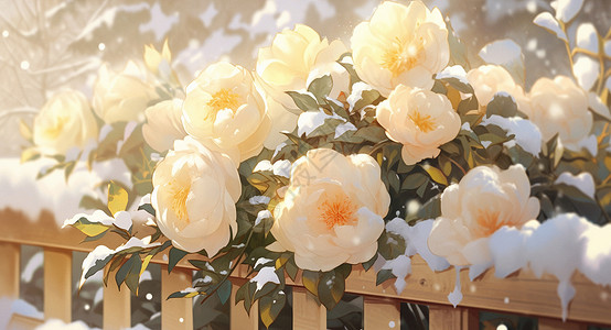 小花园里玫瑰盛开雪中盛开的卡通花朵插画
