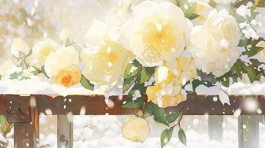 漂亮的淡黄色卡通花朵在大雪中图片