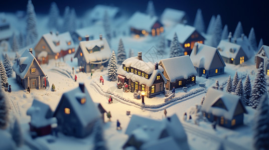 冬天夜晚雪后美丽的卡通村庄背景图片