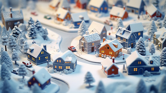夜晚的小镇冬天雪后干净整洁美丽的卡通小村庄插画