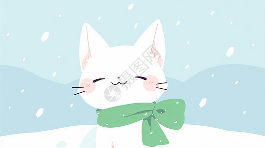 围着绿色围巾可爱的卡通小白猫图片