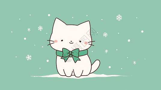 冬天大雪中的可爱的卡通小猫绿色背景背景图片