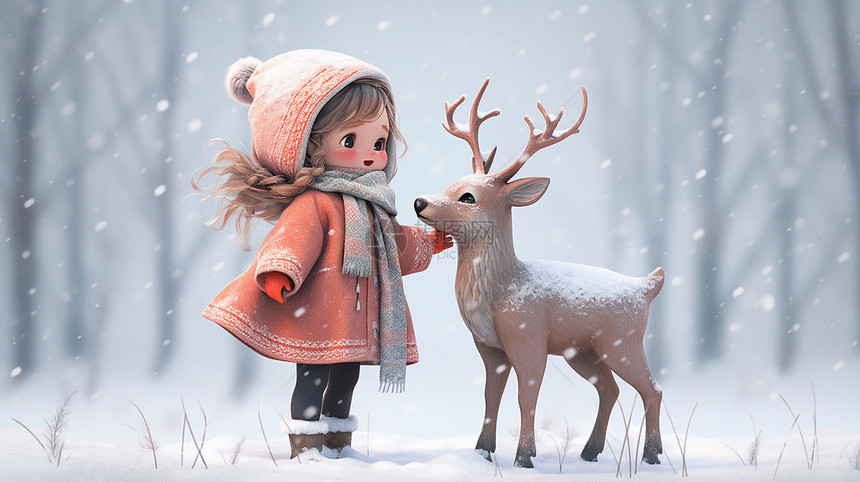 大雪中穿着厚厚的卡通女孩与小鹿图片