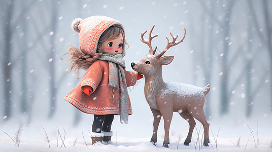 圣诞节小聚大雪中穿着厚厚的卡通女孩与小鹿插画