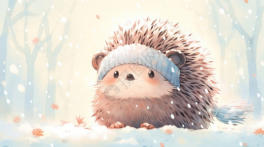 戴着头巾可爱的卡通刺猬在大雪中背景图片